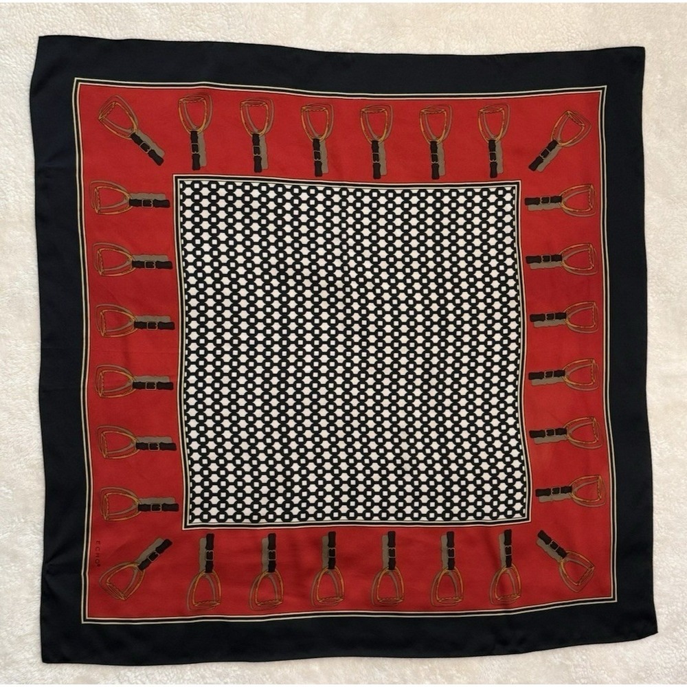 Echo Equestrian Silk Scarf 33" Sq Red/Blue/Cream Rolled Edge English Stirrups‎